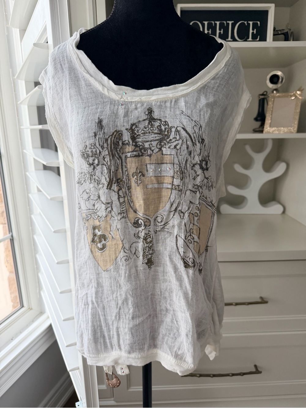 Y2K ELISA CAVALETTI Italian Brand White Linen Graphic T-Shirt Womens Size Small